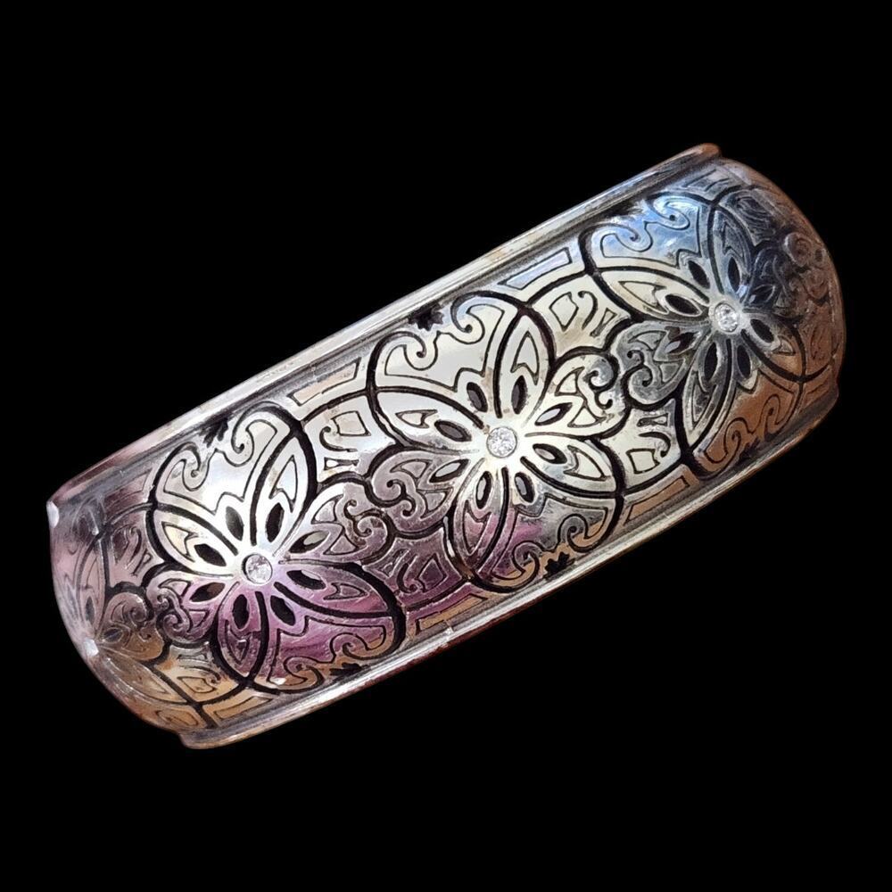 Brighton wide bangle bracelet magnetic closure silver clear Swarovski crystals